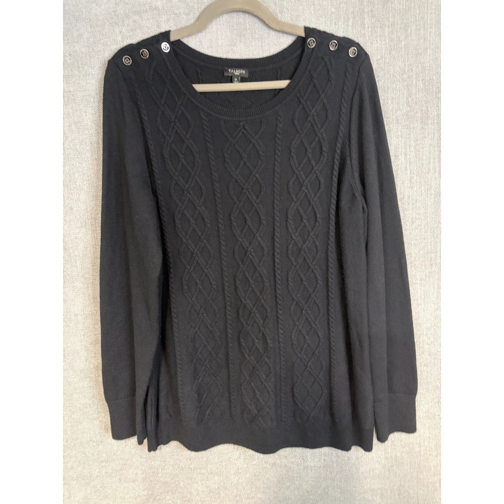 Talbots Sweater Womens 1X Black Pullover Cable Knit Wool Blend Buttons Classic